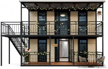 Two-Story Prefab Modular Home, Steel Frame Structure, with Balcony, Staircase, and Covered Porch