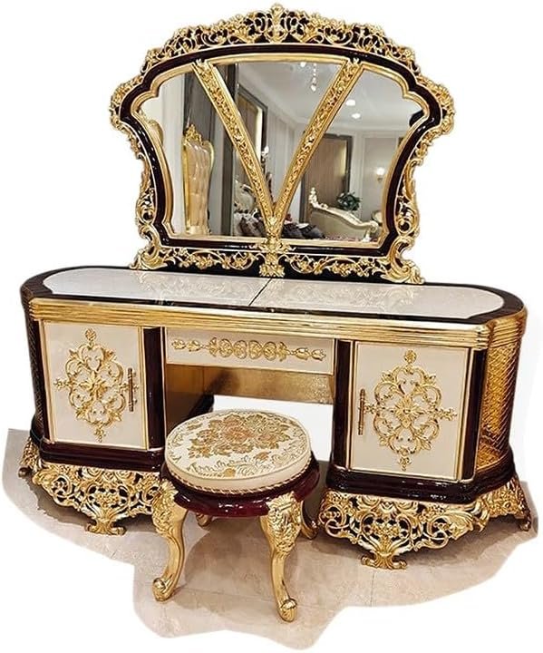 Vanity Desk French Dressing Table, All Solid Wood Carved with Gold Foil, Villa, Bedroom, Storage Cabinet